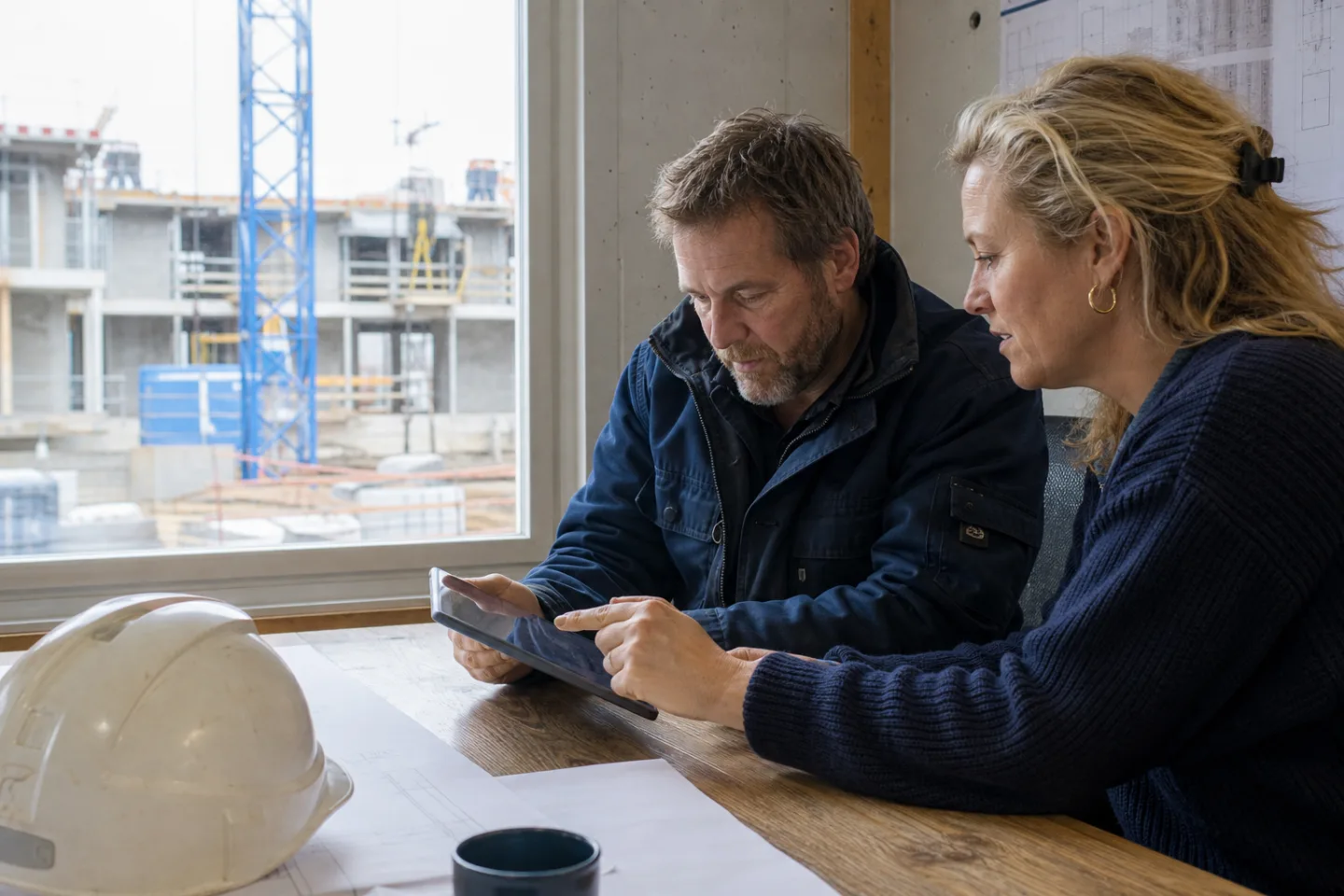 Uitvoerder en projectcoördinator bekijken actiepunten op een tablet