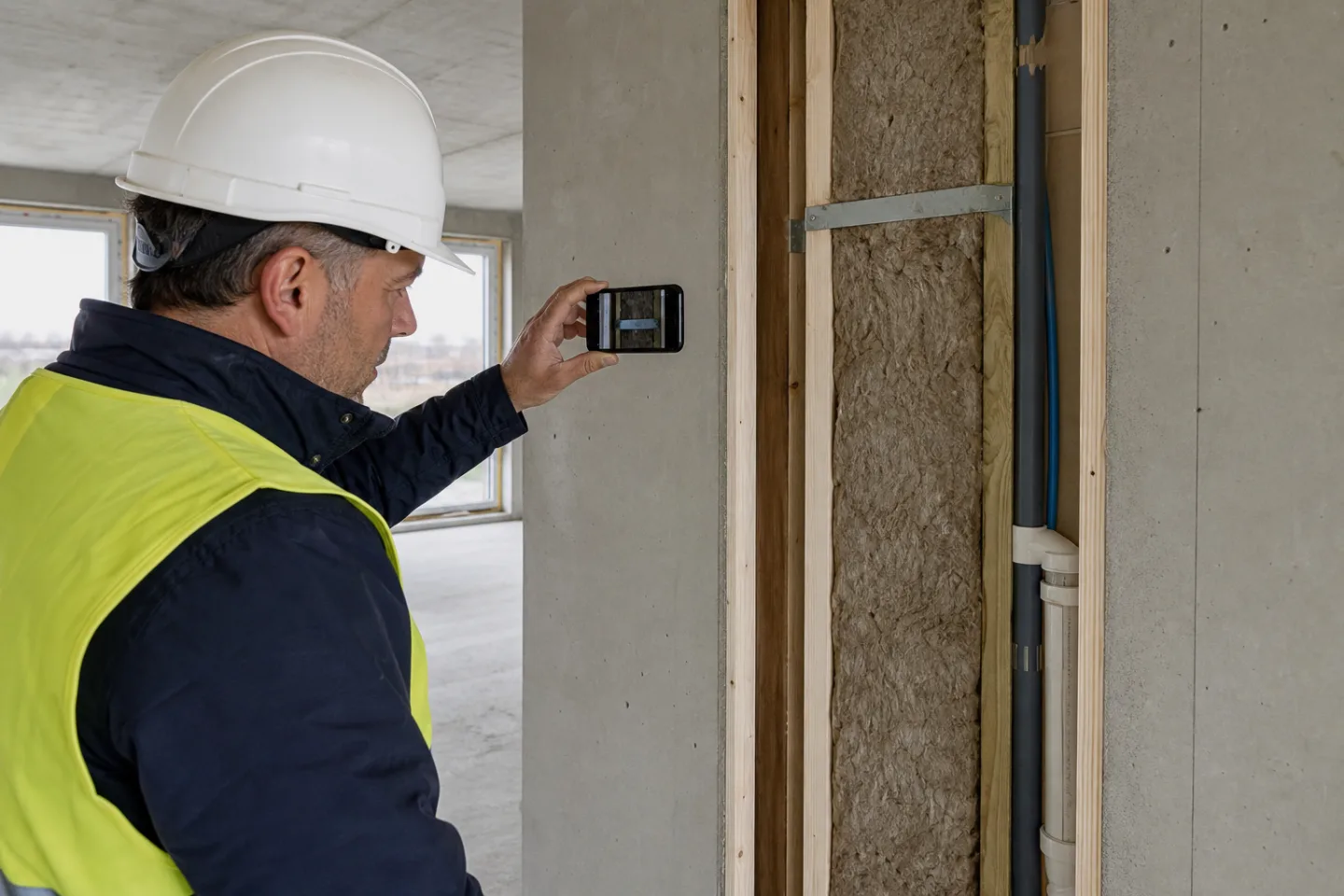 Uitvoerder fotografeert een bouwdetail tijdens een kwaliteitscontrole