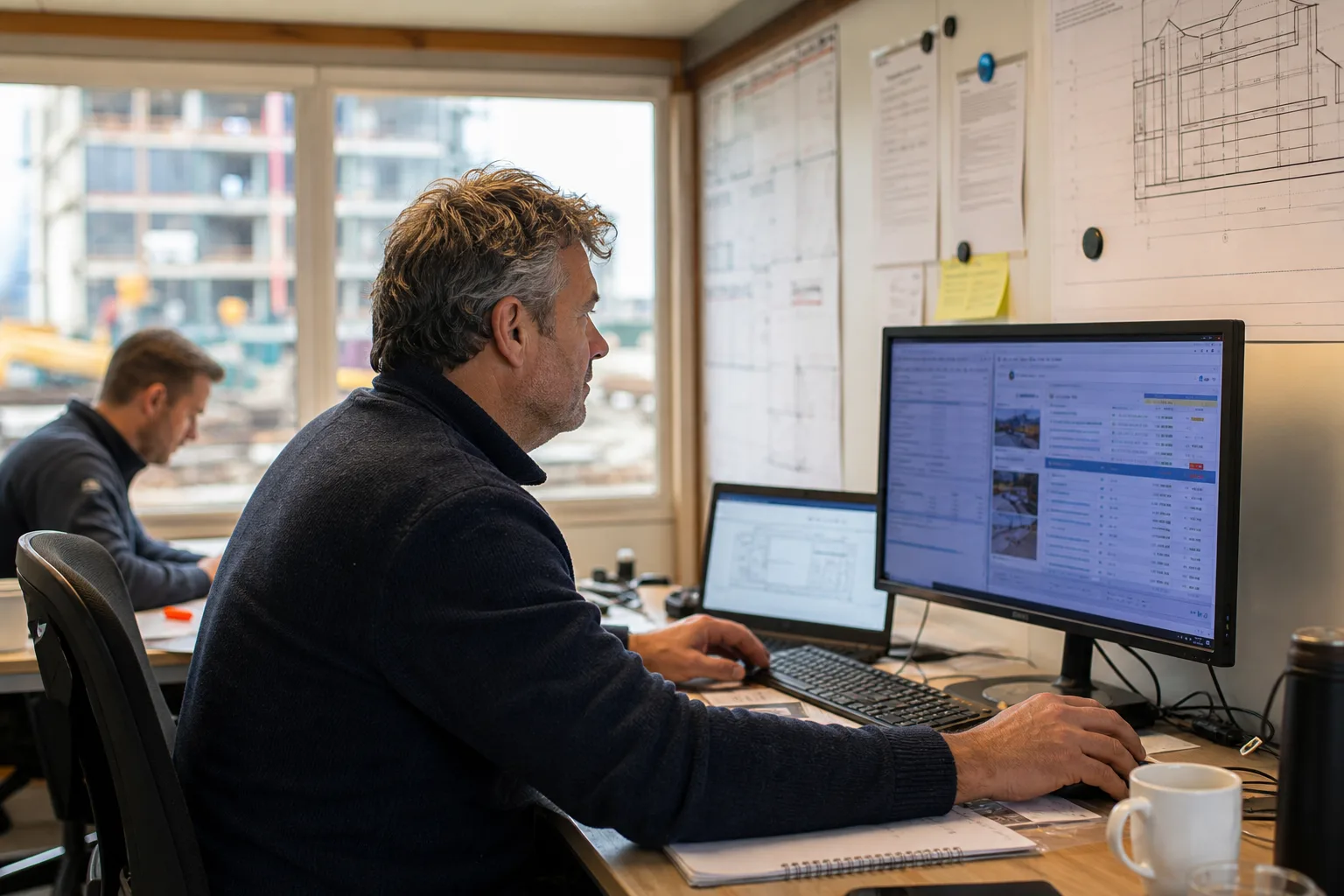 Werkvoorbereider verwerkt projectinformatie in de bouwkeet