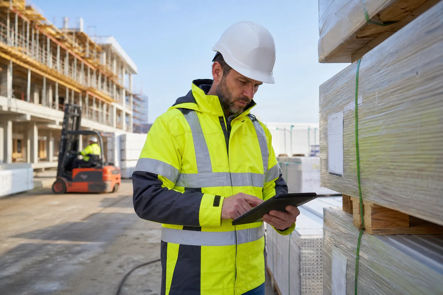 Bouwprofessional controleert geleverde materialen met een tablet
